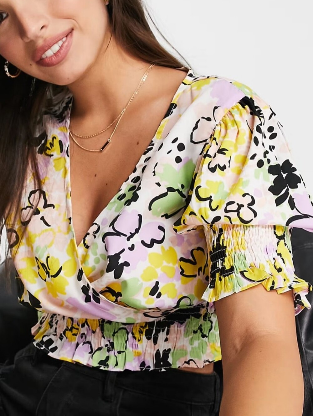 INFLUENCE Smocked Floral V-Neck Crop Blouse in Yellow, Green & Pink